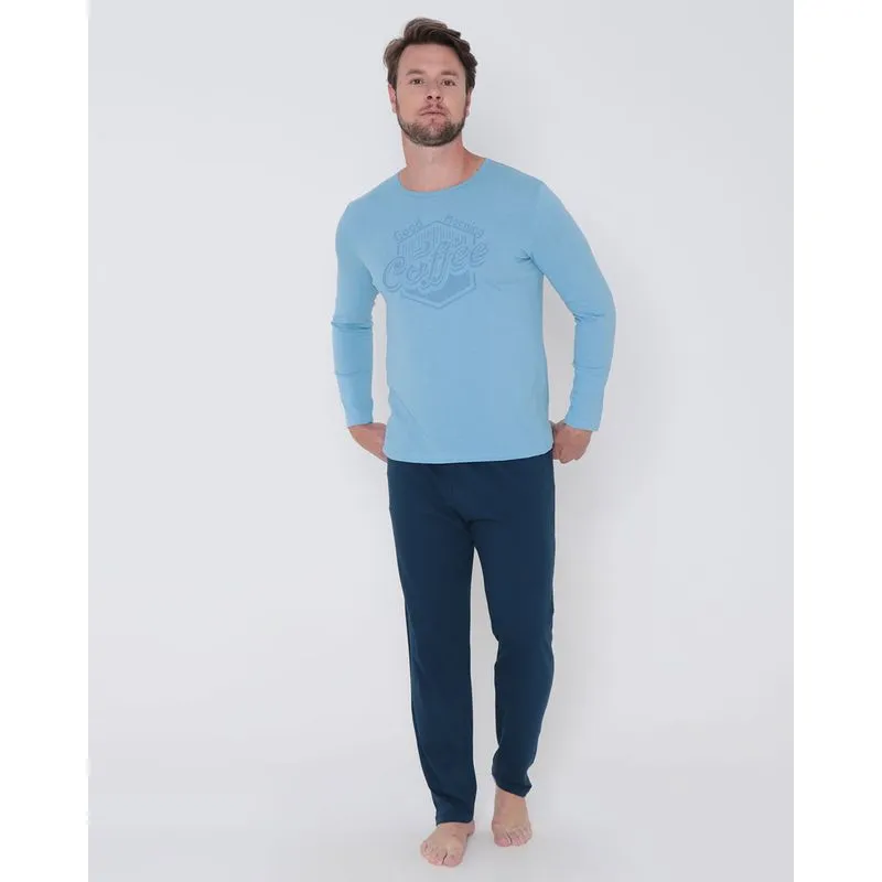 Pijama Masculino Algodão Longo Good Morning Azul Claro G