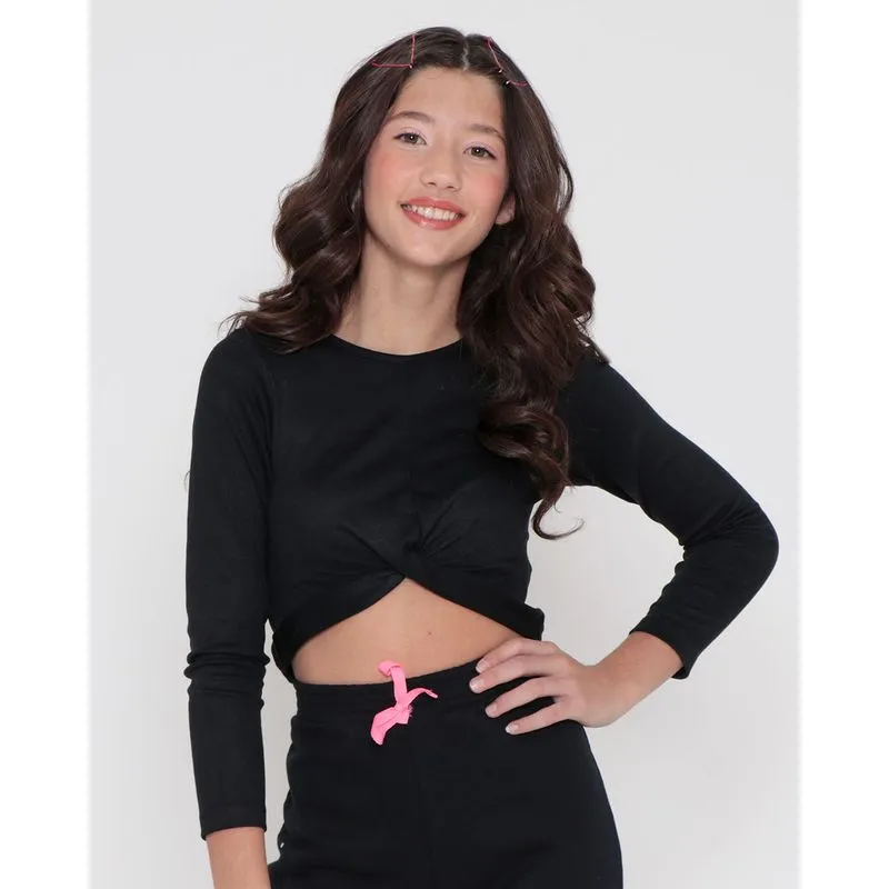 Blusa Juvenil Cropped Malha Canelada Transpassada Preta 10