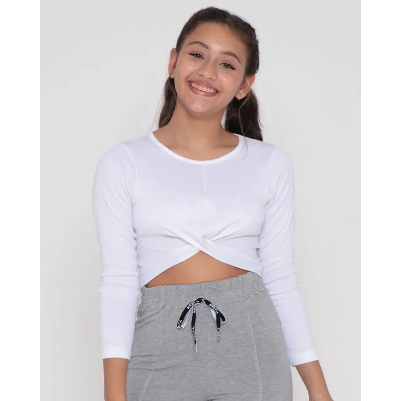 Blusa Juvenil Cropped Malha Canelada Transpassada Branca 16