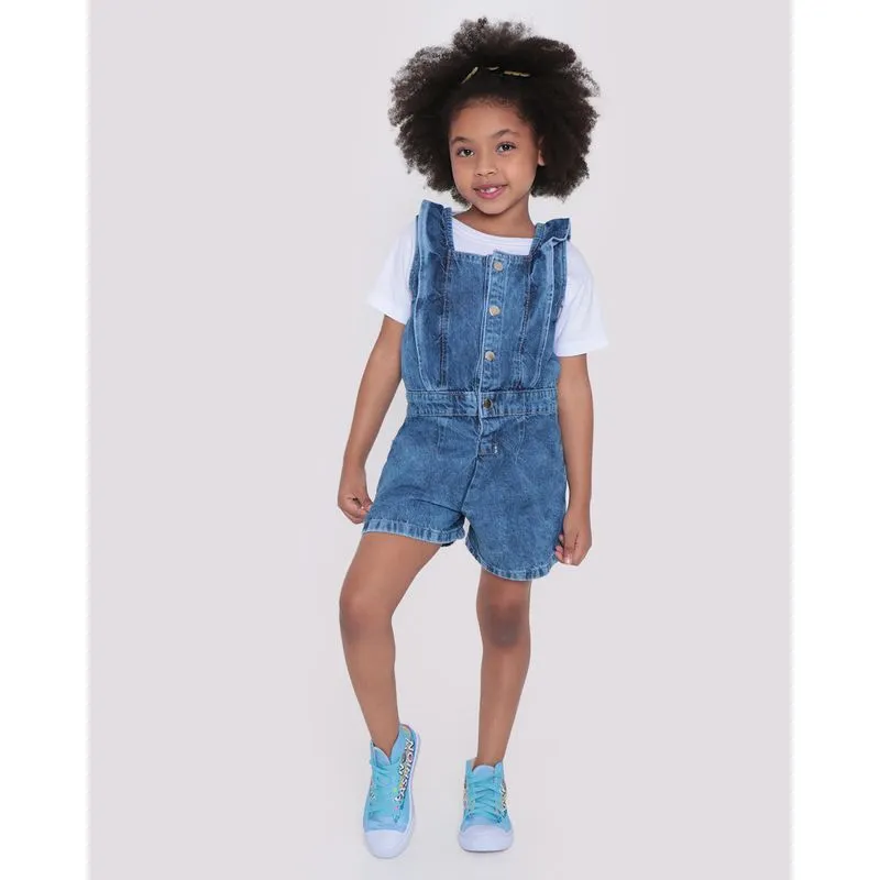 Macaquinho Jeans Infantil Botões Babados Marmorizado Azul 4