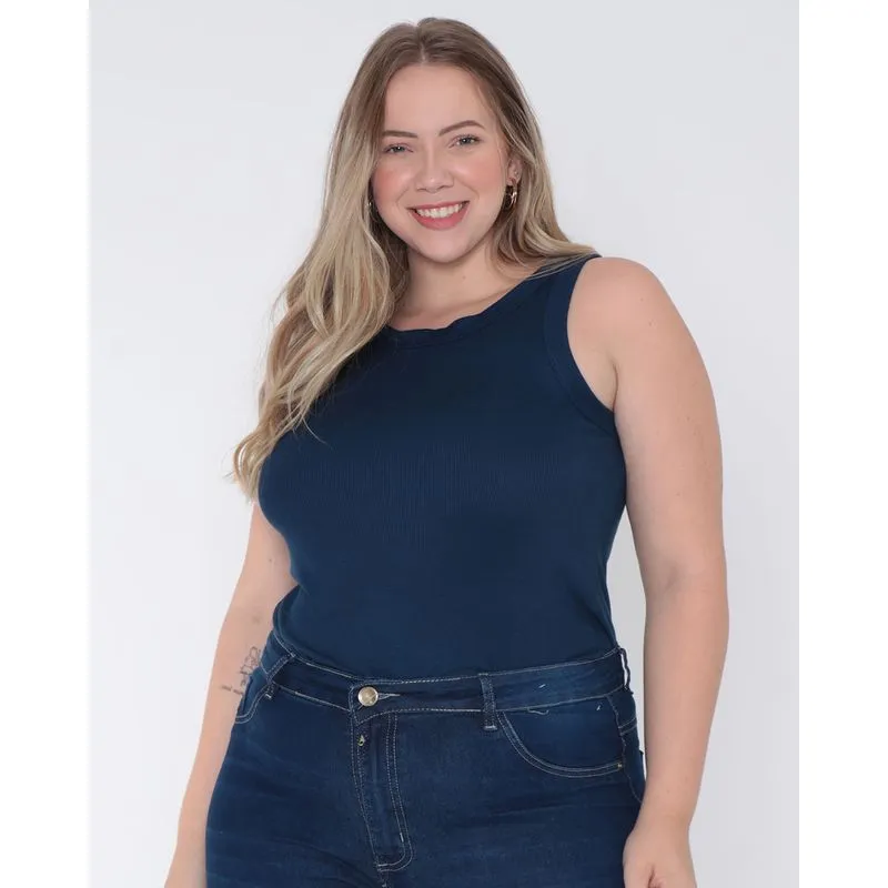 Regata Feminina Plus Size Canelada Azul Marinho G3
