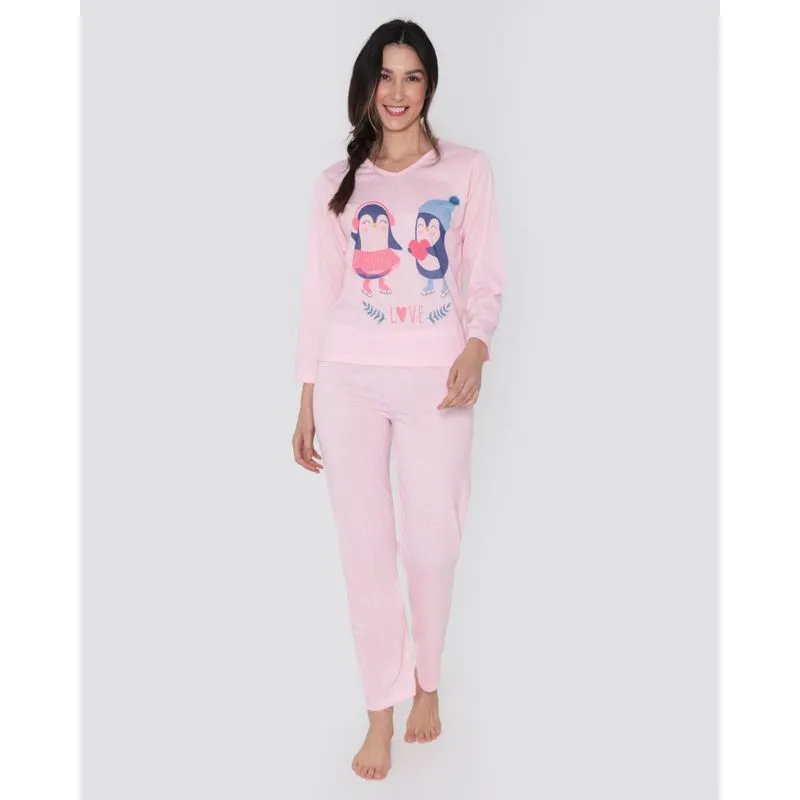 Pijama Feminino Longo Estampa Pinguins Rosa Claro G