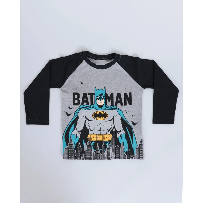 Camiseta Bebê Manga Longa Liga da Justiça Batman Cinza 2