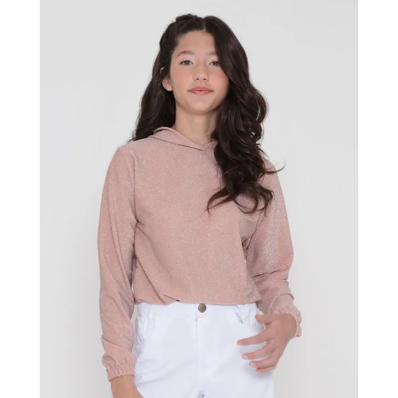 Blusa Juvenil Manga Longa Cropped Lurex Rosa Claro 10