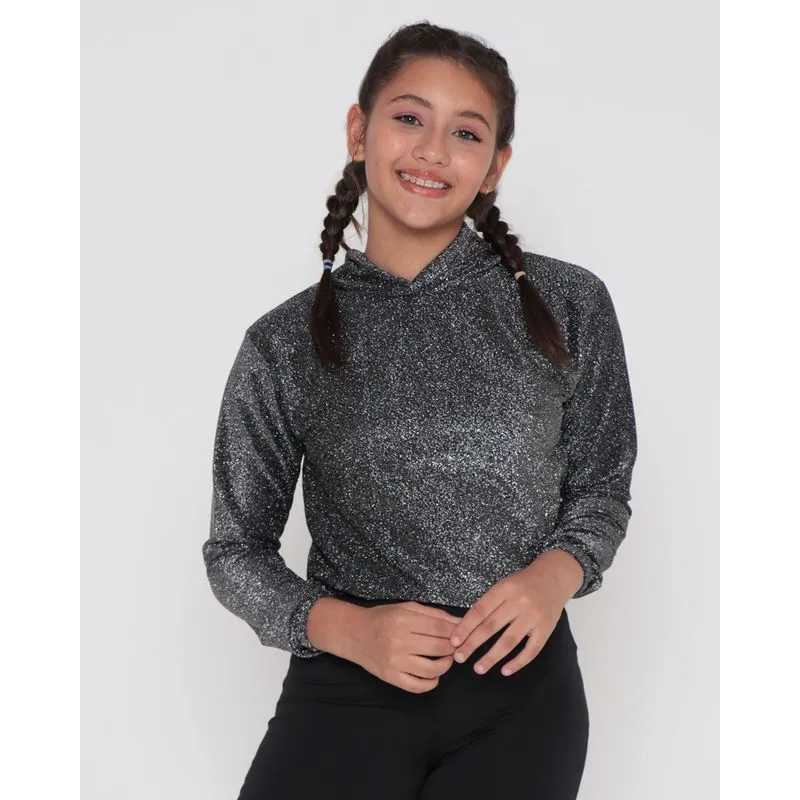 Blusa Juvenil Manga Longa Cropped Lurex Preta 10