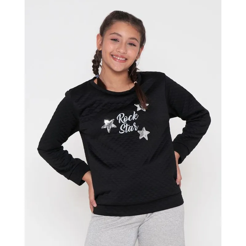 Blusa Juvenil Matelassê Rock Star Paetê Preta 14