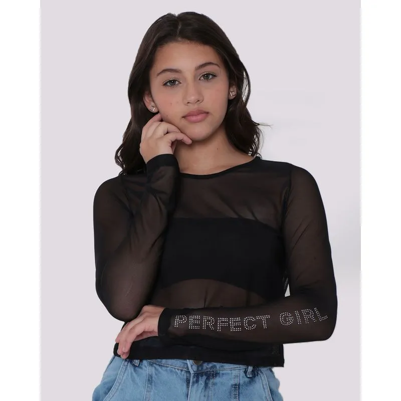 Blusa Cropped Juvenil Tule Strass Perfect Girl Preta 10