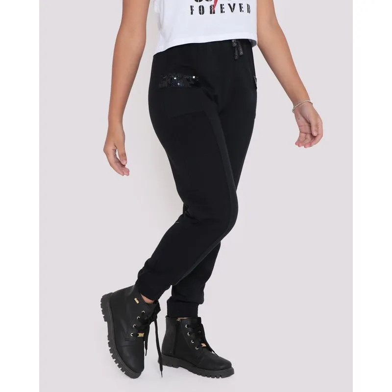 Calça Moletinho Juvenil Jogger Bolso Paetê Preta 12