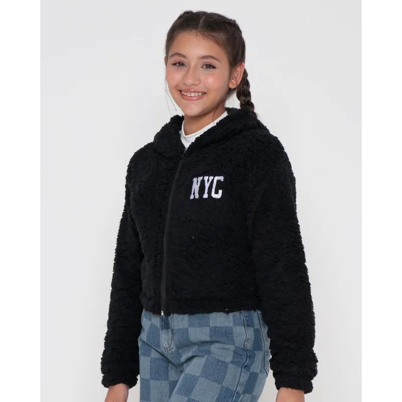 Casaco Sherpa Juvenil Capuz NYC Preto 12