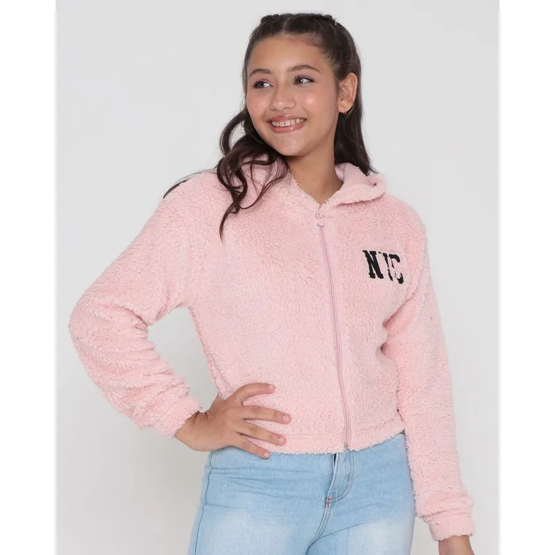 Casaco Sherpa Juvenil Capuz NYC Rosa Claro 14