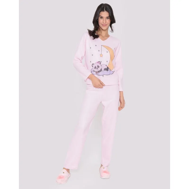 Pijama Feminino Soft Longo Estampa Panda Rosa GG