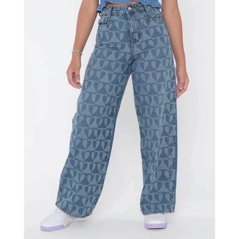 Calça Jeans Juvenil Wide Leg Corações Azul 12
