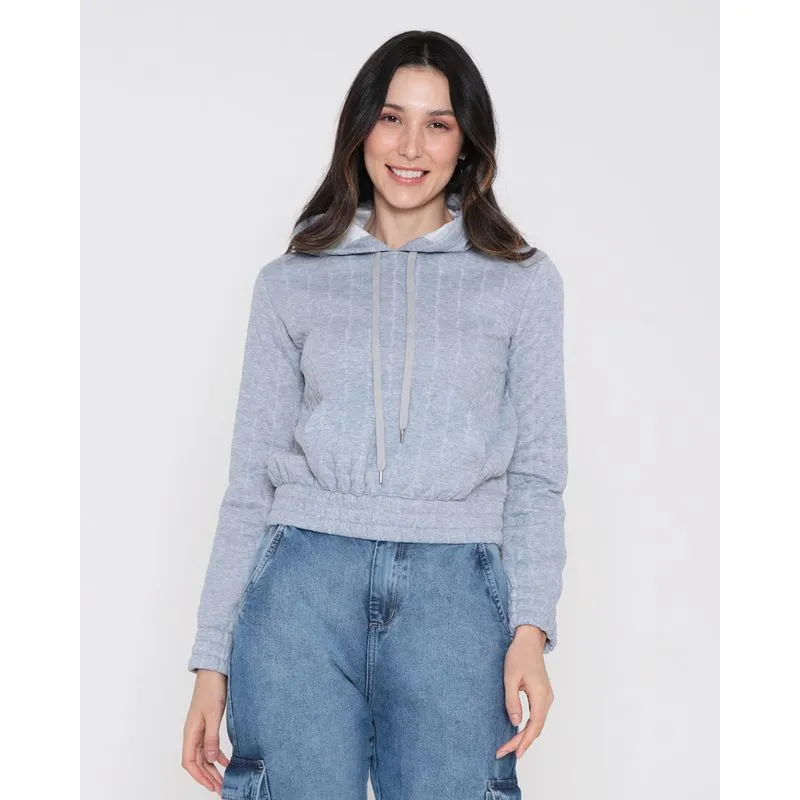 Blusão Feminino Moletom Matelassê Com Capuz Cinza Claro P