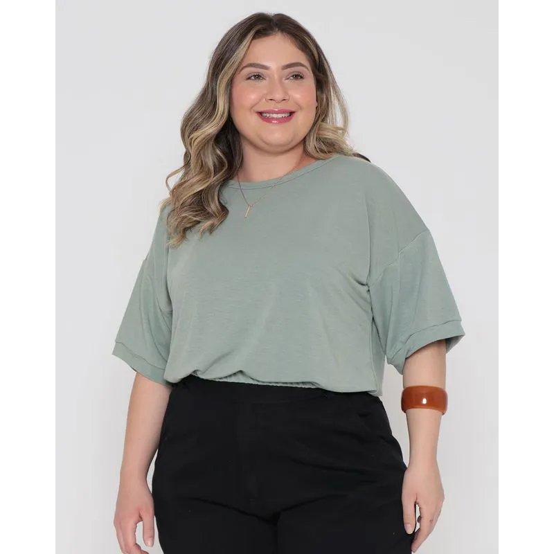 Blusa Feminina Plus Size Manga Curta Barra Elástico Verde Claro G3