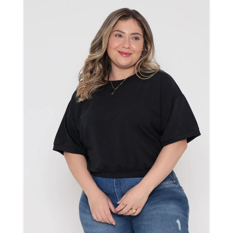 Blusa Feminina Plus Size Manga Curta Barra Elástico Preta G3
