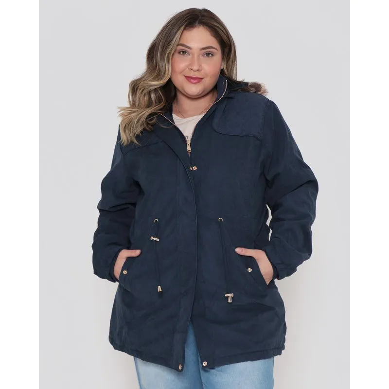 Jaqueta Feminina Plus Size Parka Capuz Com Pelos Azul Marinho G2