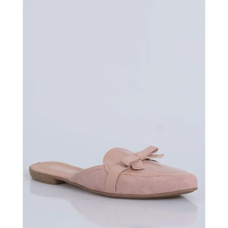 Mule Feminino Camurça Bico Fino Laço Bege 36