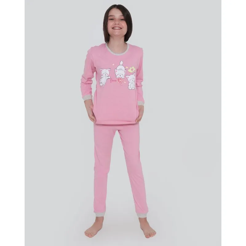 Pijama Juvenil Longo Estampa Gatinho Rosa 14
