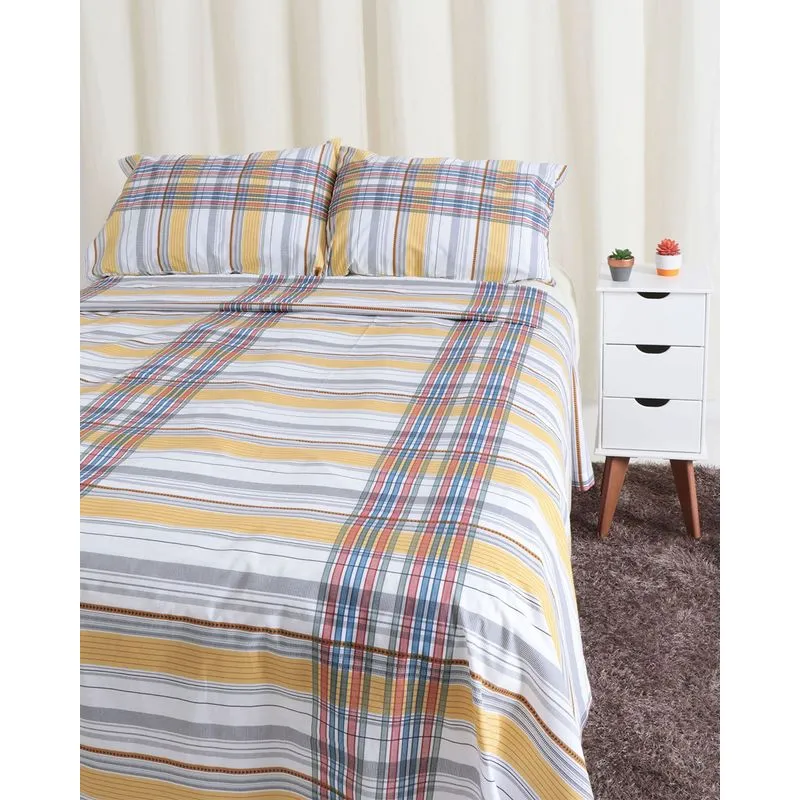 Jogo De Cama King 4 Peças Prata Santista Xadrez Amarelo UN