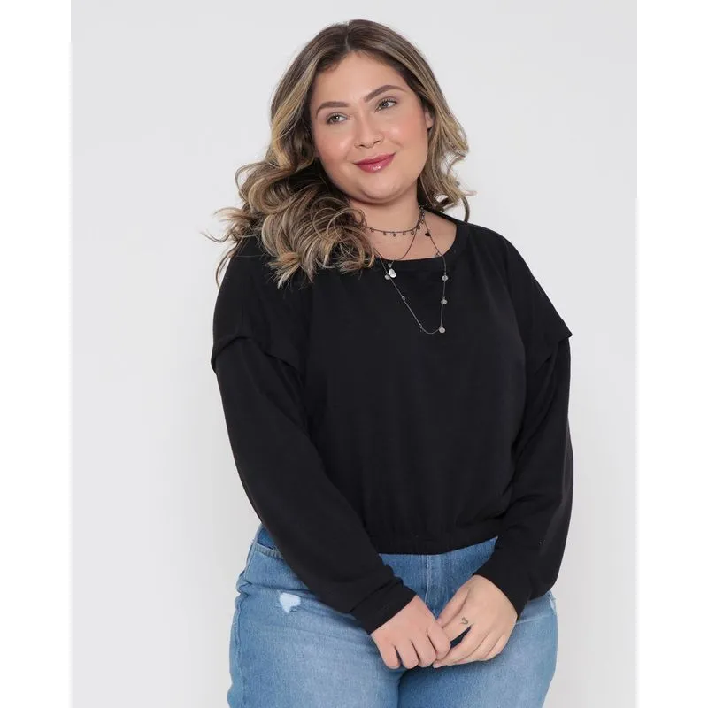 Blusa Feminina Plus Size Cropped Manga Longa Preta G2