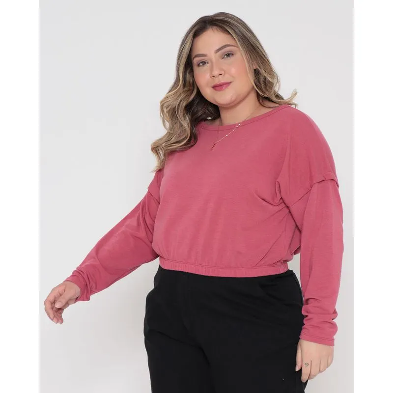 Blusa Feminina Plus Size Cropped Manga Longa Rosa G3