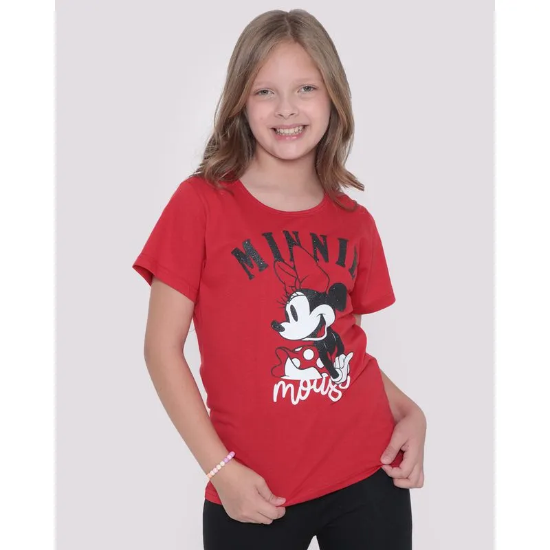 Camiseta Juvenil Algodão Disney Minnie Manga Curta Vermelha 12
