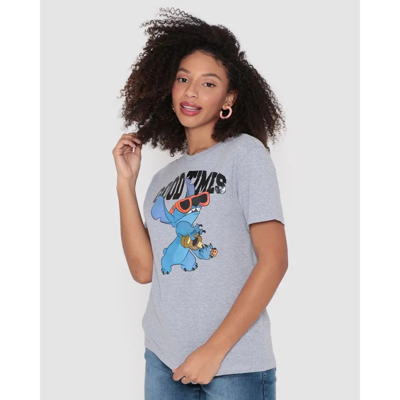 Camiseta Feminina Algodão Disney Stitch Manga Curta Cinza P