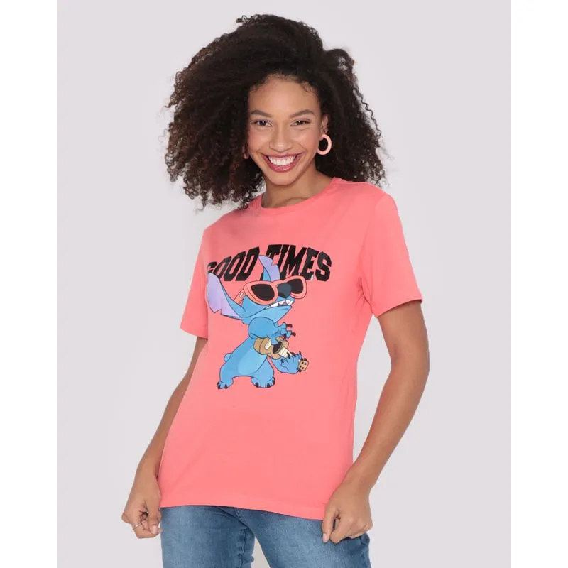 Camiseta Feminina Algodão Disney Stitch Manga Curta Laranja Claro G