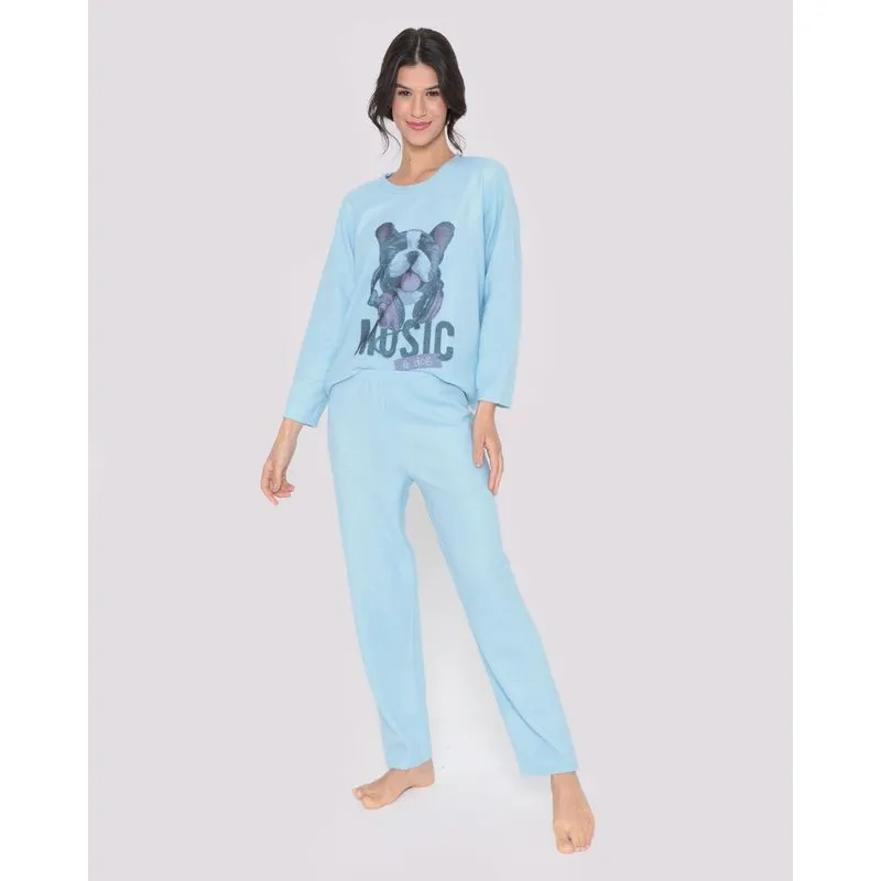 Pijama Feminino Longo Soft Estampa Cachorro Azul Claro G