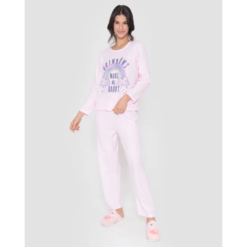 Pijama Feminino Soft Longo Estampa Arco-Íris Rosa P