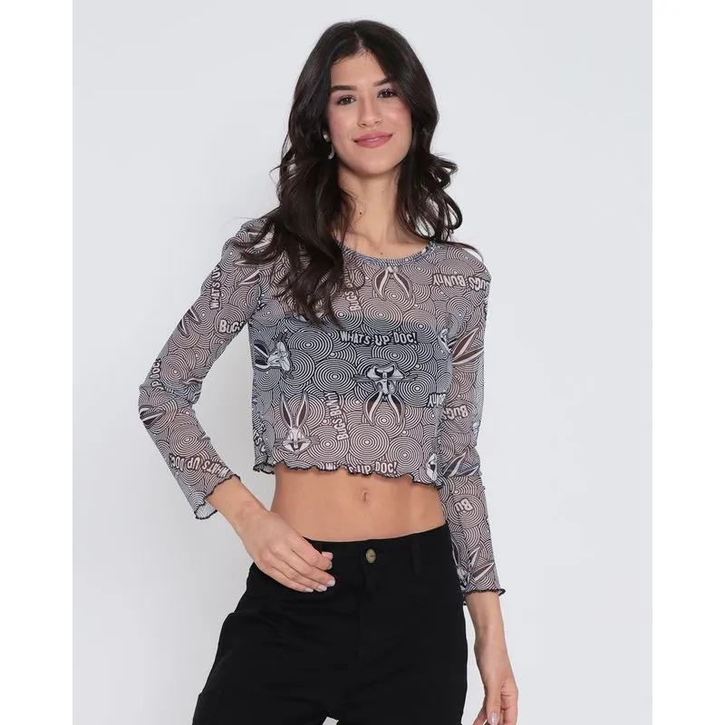 Blusa Feminina Cropped Tule Looney Tunes Preta GG