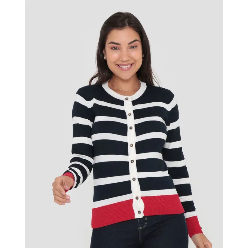 Cardigan Feminino Tricô Listrado Azul Marinho P