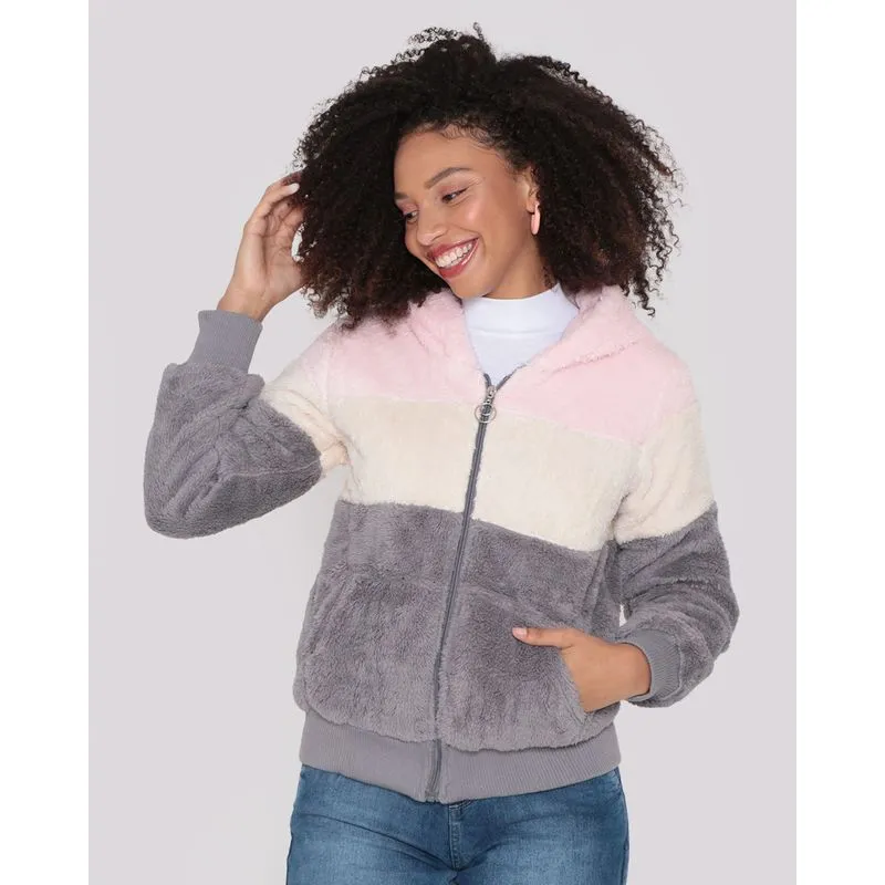 Jaqueta Feminina Flannel Com Capuz Listrada Cinza GG