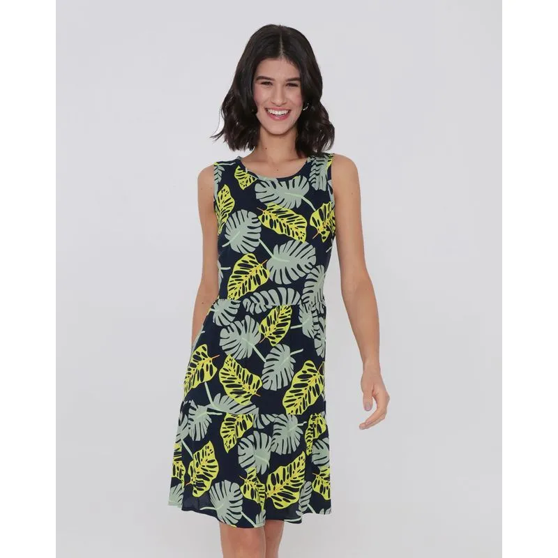 Vestido Evasê Viscose Estampado Folhagem Marinho G