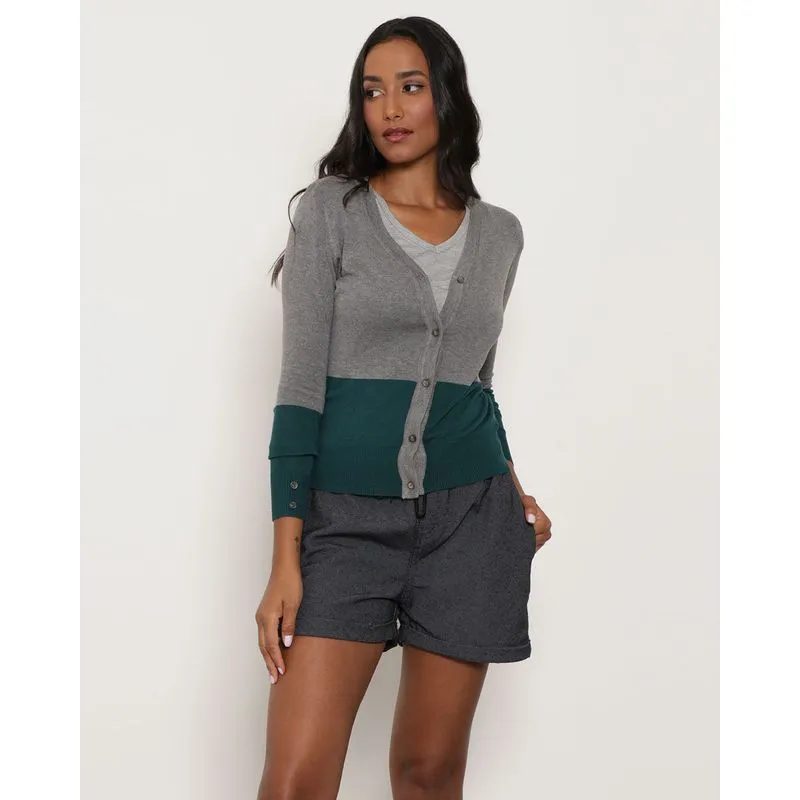 Cardigan Feminino Tricô Listrado Cinza M