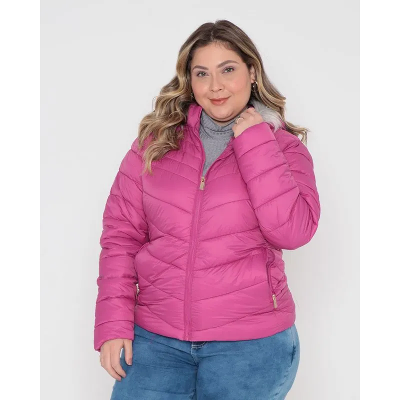 Jaqueta Feminina Plus Size Puffer Capuz Pelinho Rosa Escuro G2