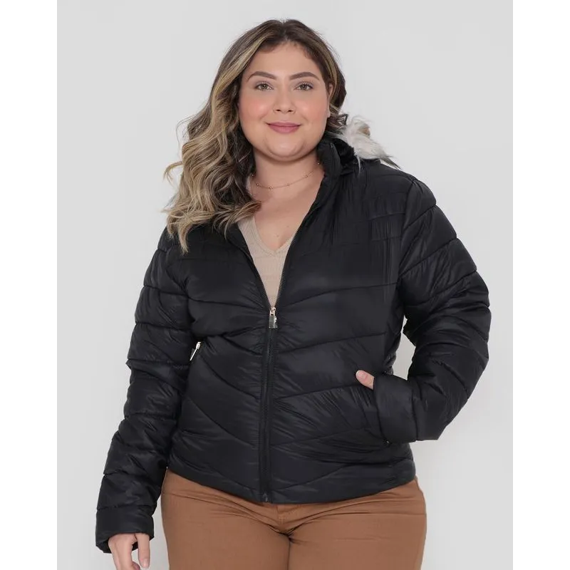 Jaqueta Feminina Plus Size Puffer Capuz Pelinho Preta G3