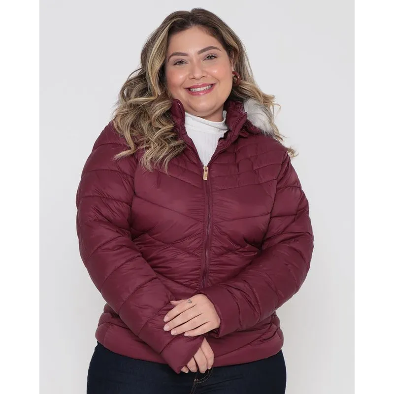 Jaqueta Feminina Plus Size Puffer Capuz Pelinho Vinho G3