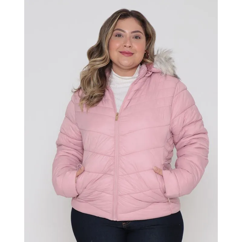 Jaqueta Feminina Plus Size Puffer Capuz Pelinho Rosa Claro G4
