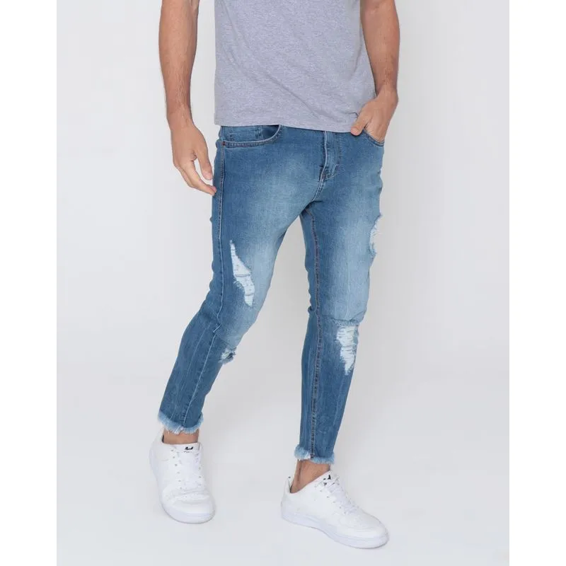 Calça Jeans Masculina Cropped Destroyed Azul 46