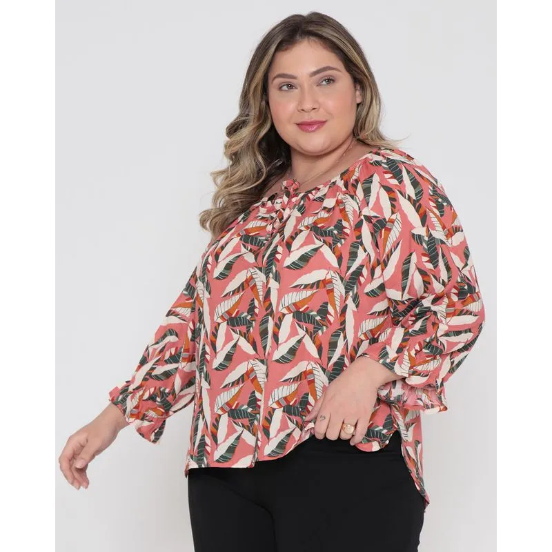 Blusa Feminina Plus Size Ciganinha Viscose Rosa Floral G3