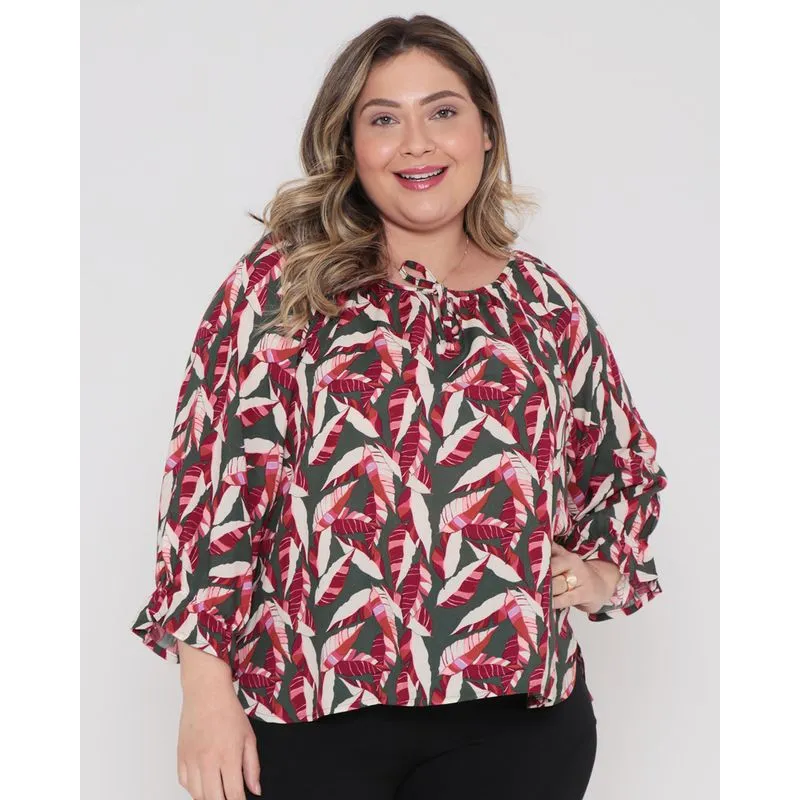 Blusa Feminina Plus Size Ciganinha Viscose Verde Floral G3