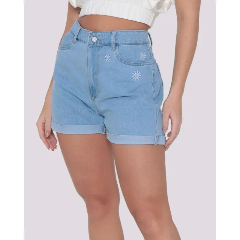 Short Jeans Feminino Mom Bordado Azul Claro 44