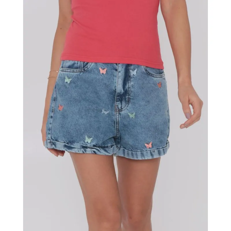 Short Jeans Feminino Mom Bordado Borboletas Azul 42