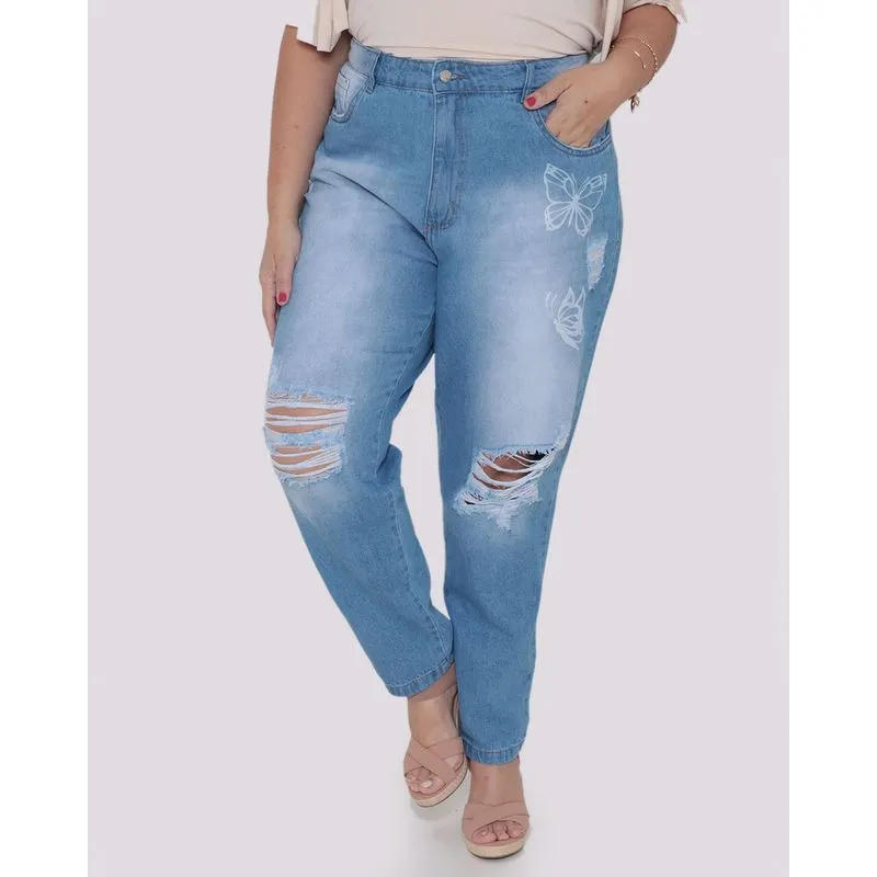Calça Jeans Feminina Plus Size Destroyed Azul 48