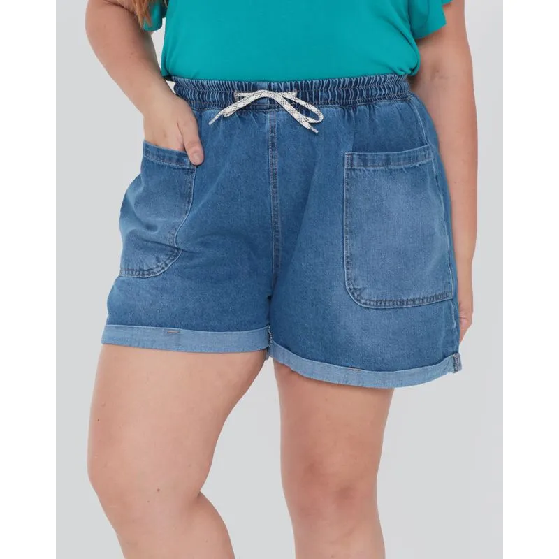 Short Plus Size Jeans Barra Dobrada Azul 52