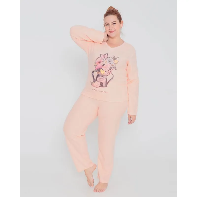 Pijama Feminino Plus Size Soft Longo Floral Laranja 50