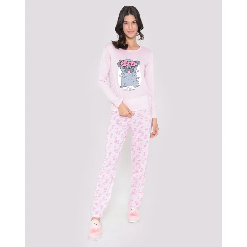 Pijama Feminino Longo Estampa Cachorro Rosa P