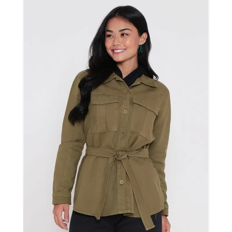 Jaqueta Parka Feminina Sarja Com Tira De Amarração Verde M