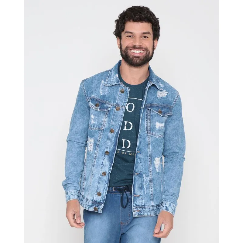 Jaqueta Jeans Masculina Destroyed Azul Claro P